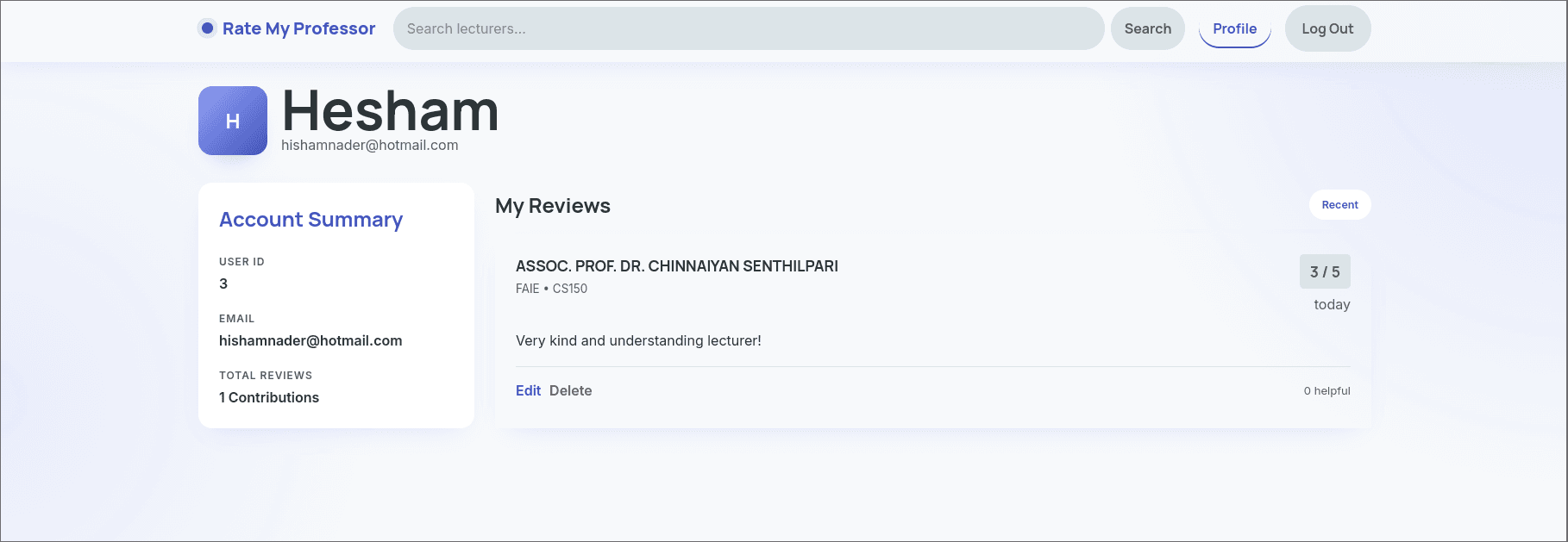 Rate My Professor profile dashboard view