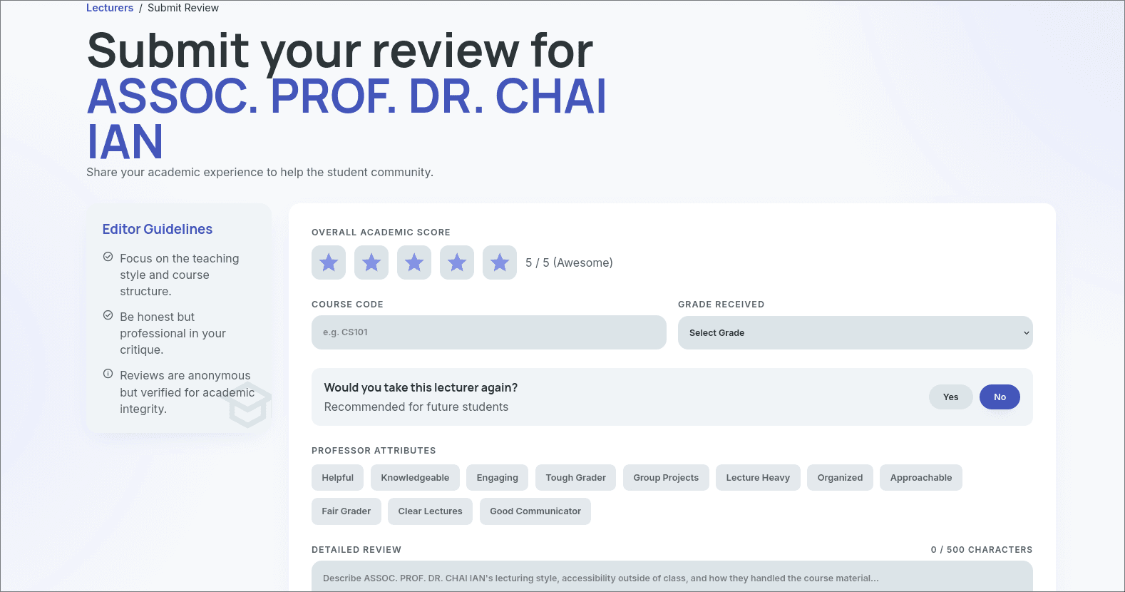Rate My Professor review submission view